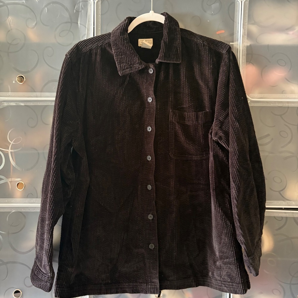 VTG LL Bean Women Medium Brown Corduroy Button Down Shirt Cotton Long Sleeve Top
